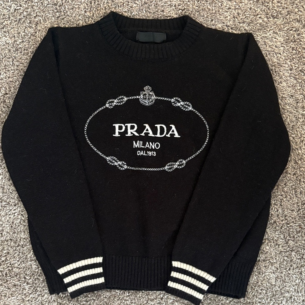 Prada Black Crewneck Sweater with White Logo and Stripe Cuffs